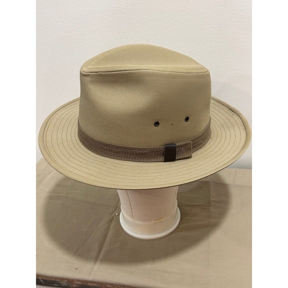 Vintage Tan Safari Fedora Hat Mens Large Made in USA Wide Brim Twill Sun Hat